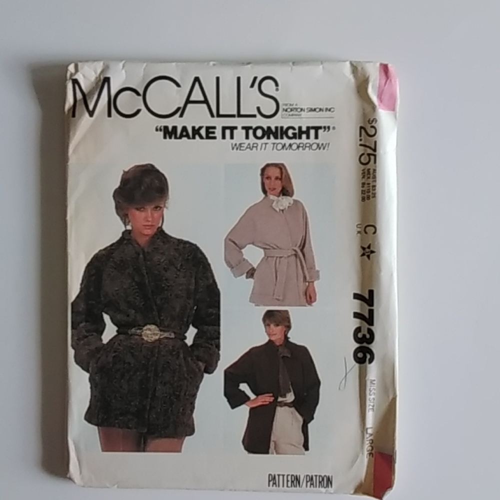 McCall's SZ L Jacket Make It Tonight #7736 Pattern Vintage 1981